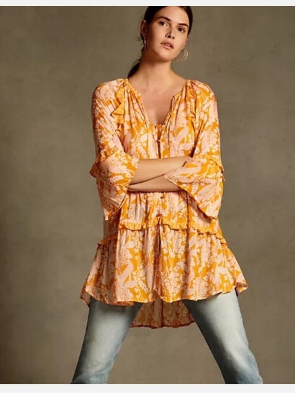 Tiered blouse dress semi sheer orange floral design beach swim cover up sz L